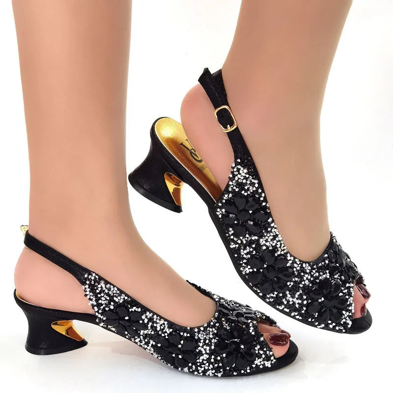 2022 Women's Party Sandals Fashion Full Diamond Flower Design Heel High 5CM Champagne Color Wedding Banquet Ladies Shoes