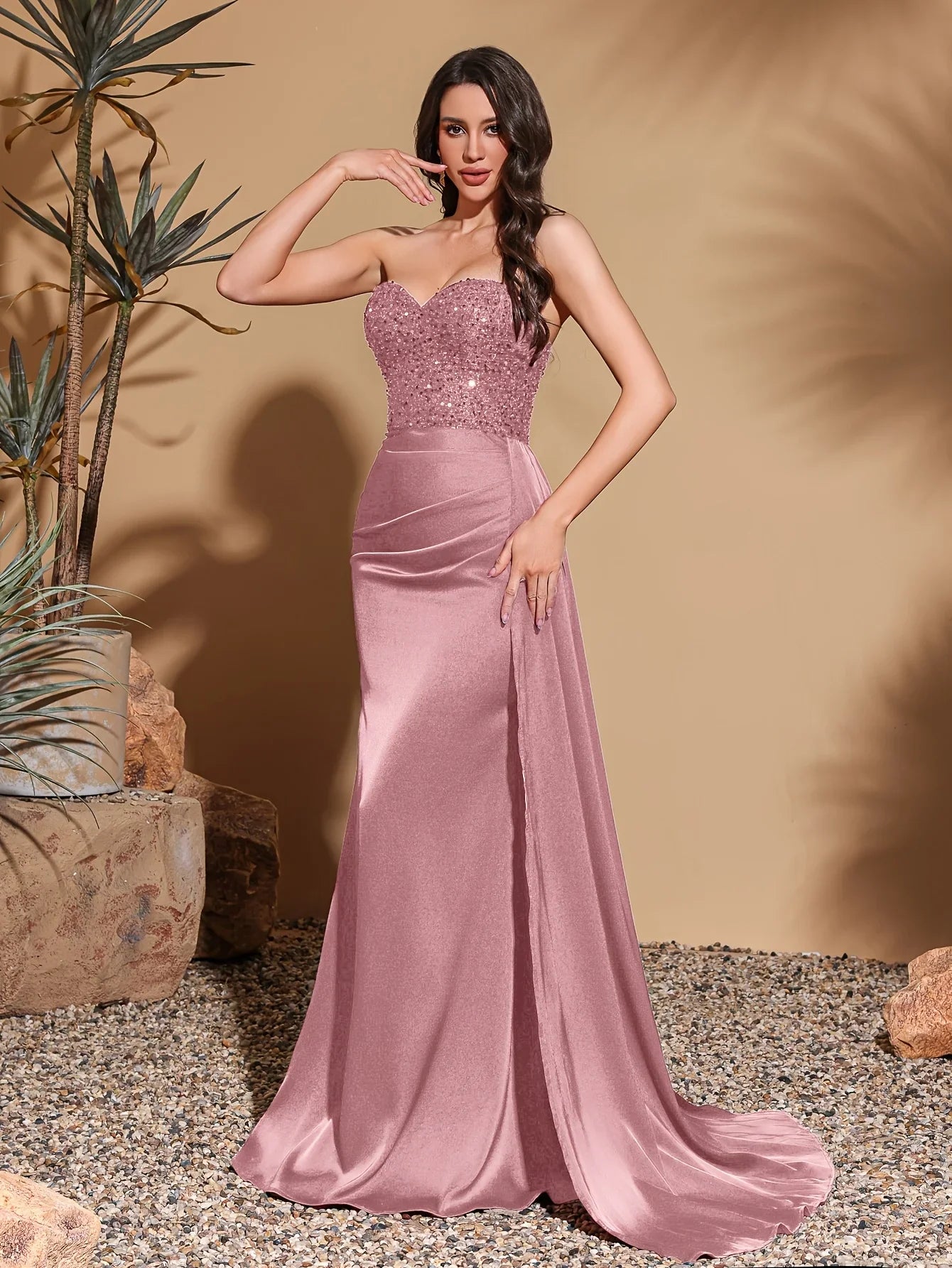 Satin waist pleated side flaps floor-length skirt, sequined spliced tube top dress