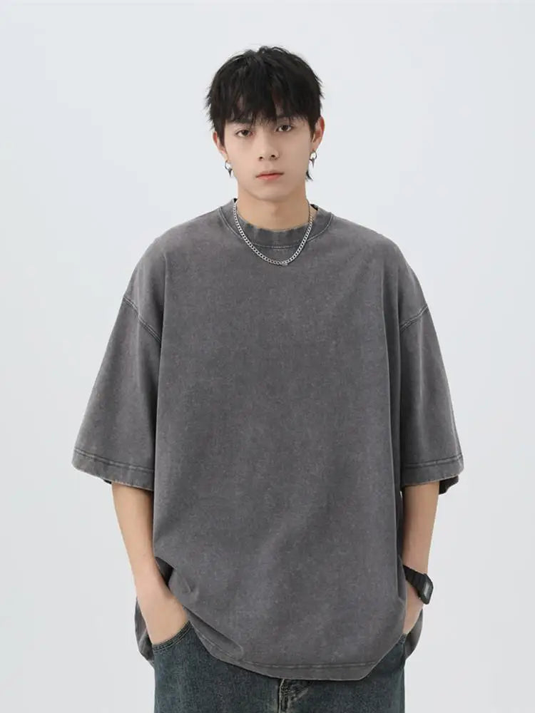Japanese Korean Style Stir Fried Snowflake Washed T-Shirts Men Women Cotton Heavyweight Summer Hip Hop Streetwears Short Sleeved