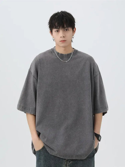 Japanese Korean Style Stir Fried Snowflake Washed T-Shirts Men Women Cotton Heavyweight Summer Hip Hop Streetwears Short Sleeved