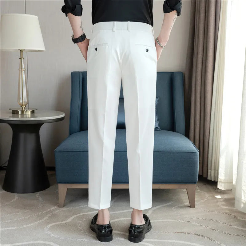 Stretch Solid Color Men's Trousers, Suitable for Business Casual, Parties, Formal Events, and Ankle-length Slim Pants.28-40