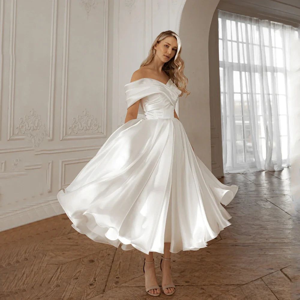 Off Shoulder Midi Wedding Dresses A-Line Ankle Length Ivory Bridal Shower Party Gowns Customized свадебное платье