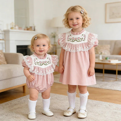 2026 New Summer Sister Clothing Short Sleeved Cotton Embroidery Kids Princess Dress 2-6Y Baby Girl Birthday Party Lace Dress