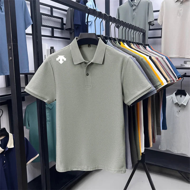 100% men's summer luxury brand polo shirt lapel geometric printing short sleeves t-shirt outdoor leisure men clothing tops