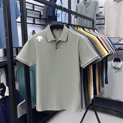 100% men's summer luxury brand polo shirt lapel geometric printing short sleeves t-shirt outdoor leisure men clothing tops
