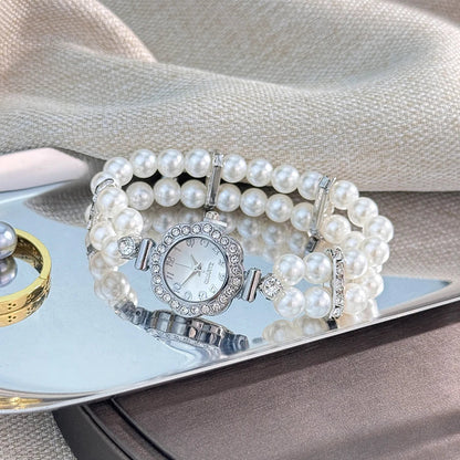 New Elegant Pearl Diamond-Encrusted Elastic Band Watch Vintage Luxury Bracelet Style Convenient for Ladies Quartz Wristwatch