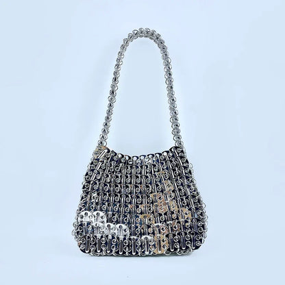 Shiny vintage iron sheet bag, hand-woven silver sequins, metal dumpling bag, mobile phone bag, handbag, shoulder bag