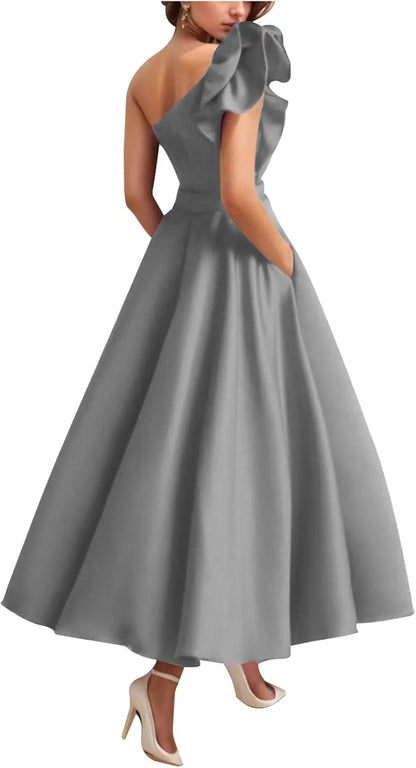 Women's One Shoulder Elegant Evening Dress with Pockets Satin Tea Length A Line Formal Wedding Guest Dress Prom Dresses