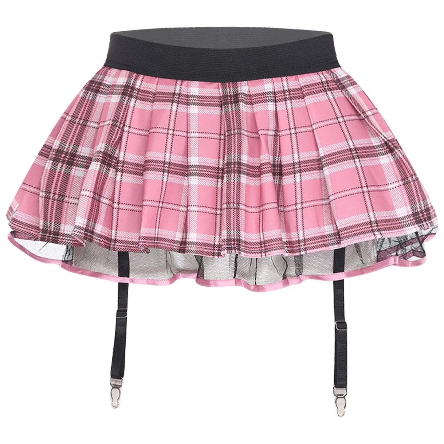 Women's Miniskirt with Garters Schoolgirl Cosplay Costume Plaid Layer with Tulle Lining Elastic Waistband Short Skirt Clubwear