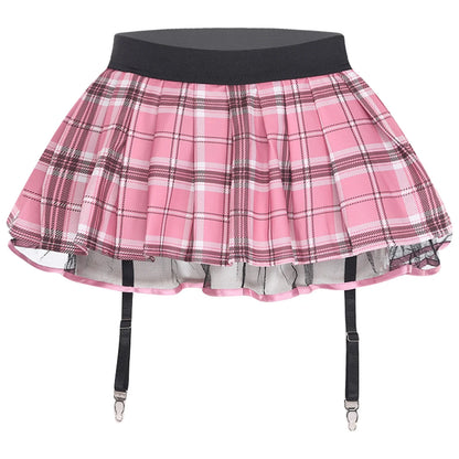 Women's Miniskirt with Garters Schoolgirl Cosplay Costume Plaid Layer with Tulle Lining Elastic Waistband Short Skirt Clubwear