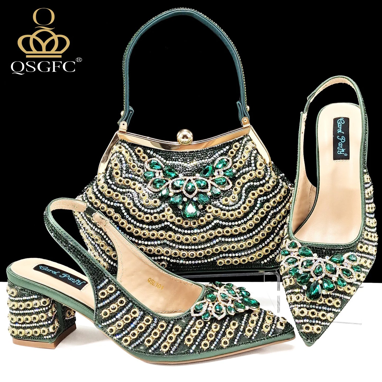 INS Full Rhinestone Comfortable high heel shoes And Bag Fashion Style Pointed-Toe Shoes For Women