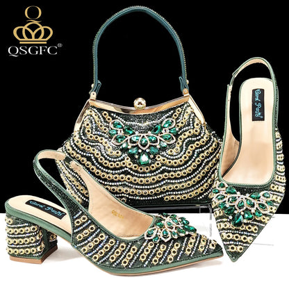 INS Full Rhinestone Comfortable high heel shoes And Bag Fashion Style Pointed-Toe Shoes For Women