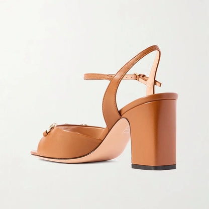 Black Cowhide Square Toe Chunky Heel One Word Buckle Sandals Metal Buckle Open Toe Modern Sandals