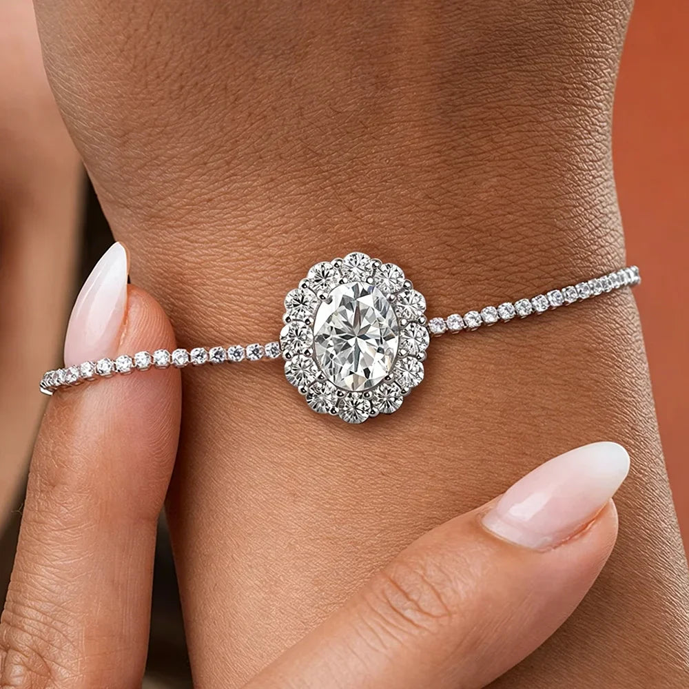 2mm Full Moissanite Tennis Bracelet With 2carat Halo Oval Cut Diamond Pendant Wrist Chain S925 Silver Fine Jewelry For Women