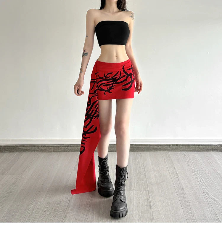 Y2K Millennium Graffiti High Waist Midi Skirt Women's Cool Unisex Asymmetrical Design Polyester Spandex Blend