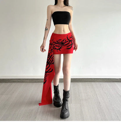 Y2K Millennium Graffiti High Waist Midi Skirt Women's Cool Unisex Asymmetrical Design Polyester Spandex Blend