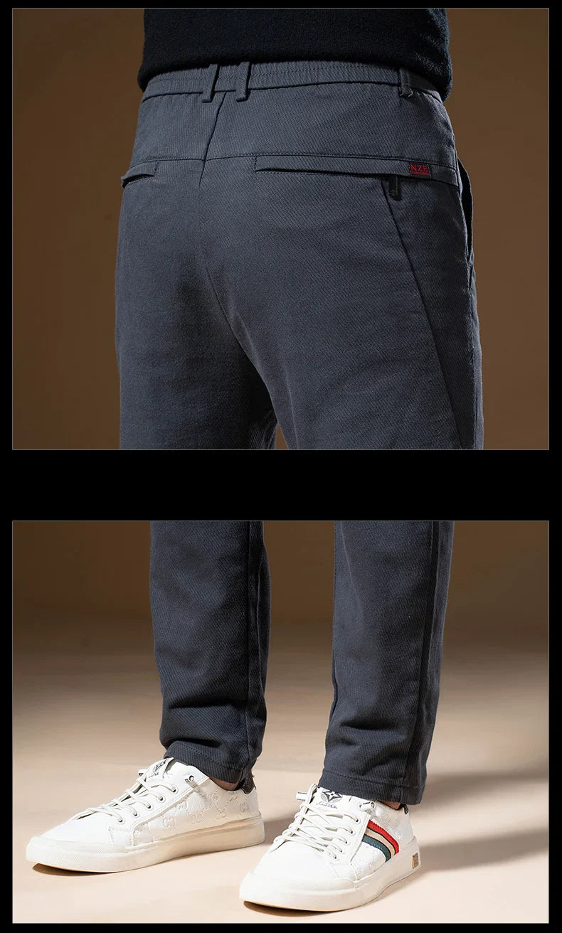 Korean Business Casual Fleece Men Pants Winter Thickened Straight Thermal Casual Pants Male Fashion Stretch Warm Velvet Trousers