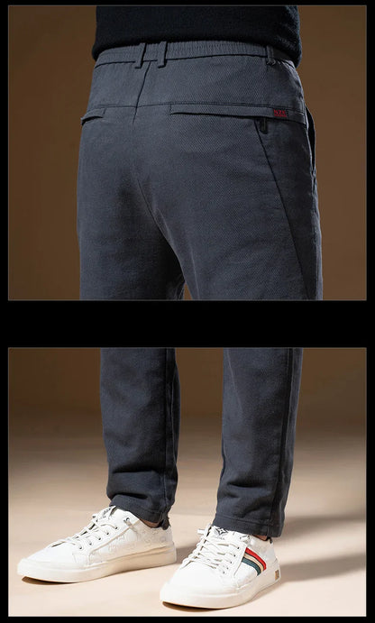 Korean Business Casual Fleece Men Pants Winter Thickened Straight Thermal Casual Pants Male Fashion Stretch Warm Velvet Trousers