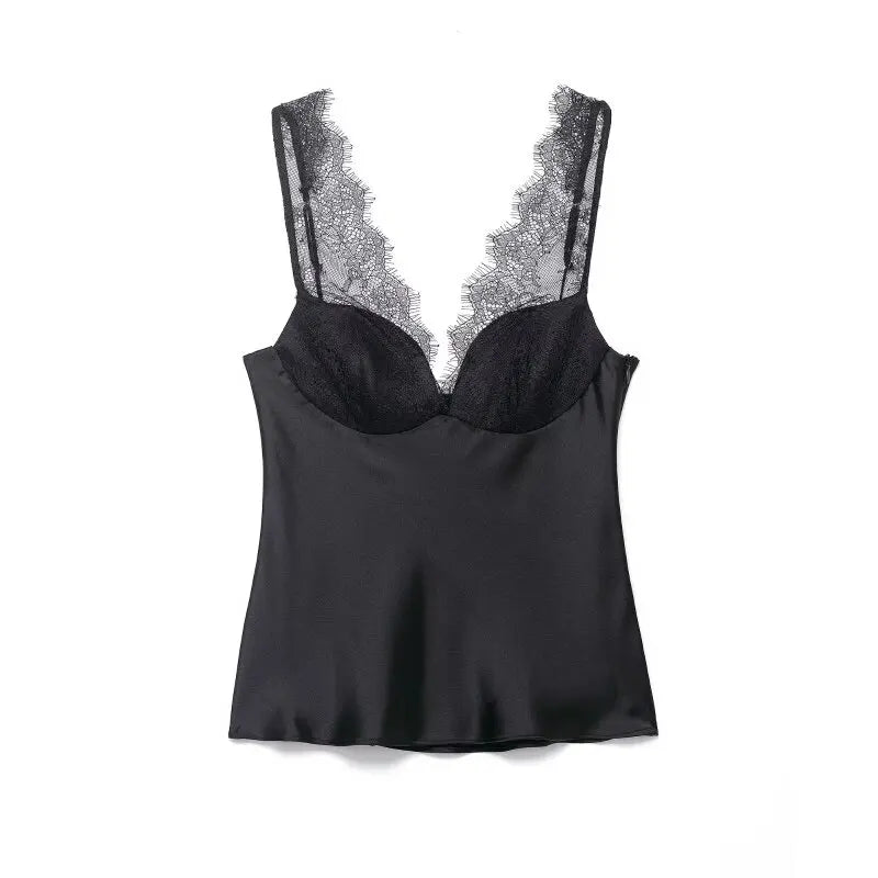 Women's Satin Lace Camisole - Sexy V-Neck Sleeveless Top for Summer, Perfect for Party & Beach Outfits, Comfortable Silky Feel