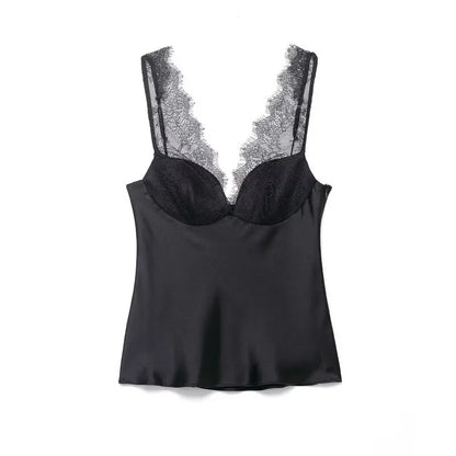 Women's Satin Lace Camisole - Sexy V-Neck Sleeveless Top for Summer, Perfect for Party & Beach Outfits, Comfortable Silky Feel