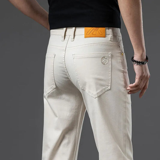 2024 New Men's Khaki White Cotton Stretch Slim Smart Jeans Casual Straight Business Fashion Beige Brand Denim Trousers