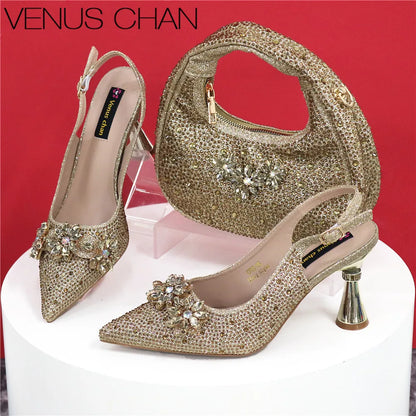 Newest Italian Pumps and Bag To Party INS Style Pointed-Toe Rhinestone Elegant High Heels Champagne Wedge for Women