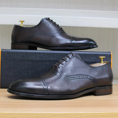 Men's Genuine Leather Oxfords Handmade Cap Toe Dress Shoes Lace-Up Formal Wedding Shoes Business Office Male Footwear
