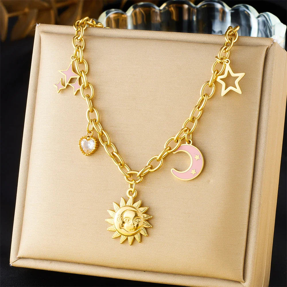 316L Stainless Steel Golden Trendy Starfish Moon Sun Shaped Pendant Necklace For Women Romantic Neck Chain Holiday Gift