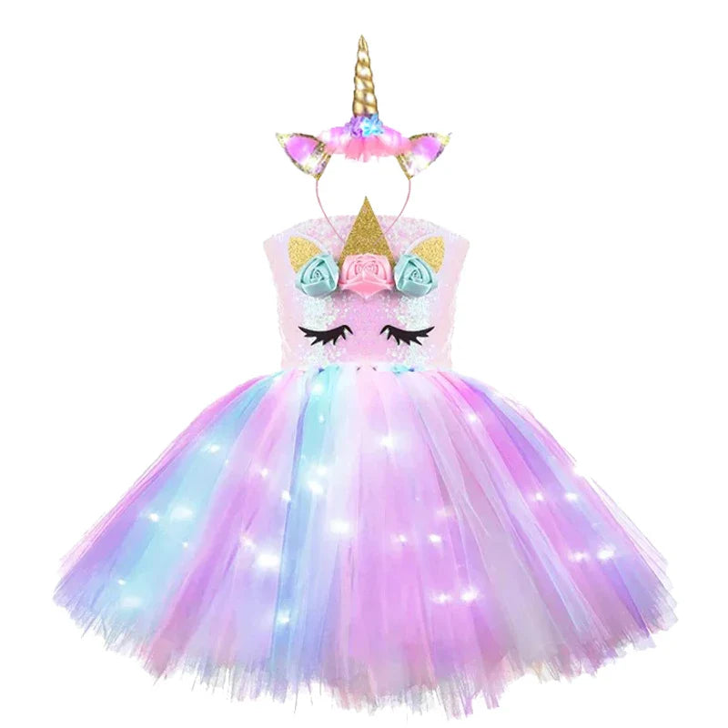 Girls Rainbow Unicorn Light Up Tutu Dresses for Kids Birthday Party Sequins Glowing Knee Length Dress Halloween Animal Costumes