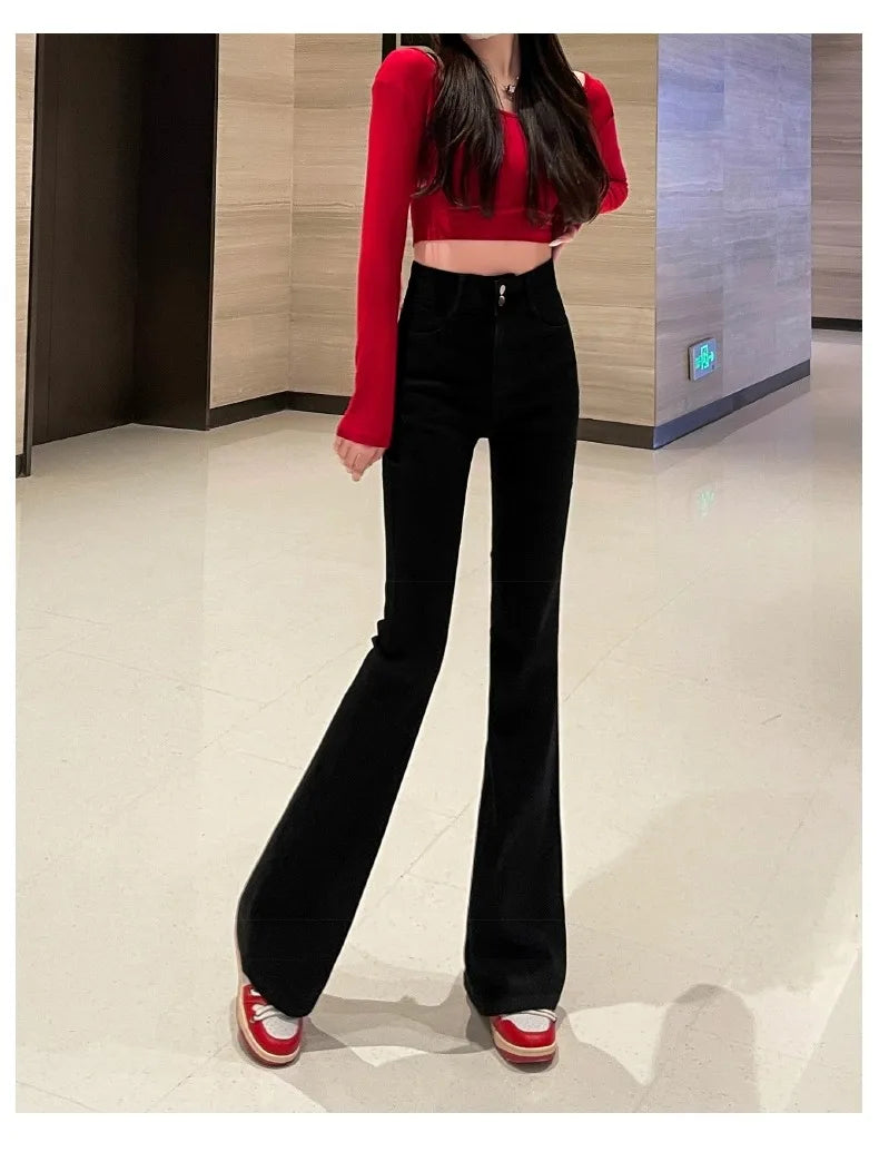 Autumn Winter American Sle High Waist Slim Fit Drapey Micro Flared Jeans Women's Premium Denim Pants