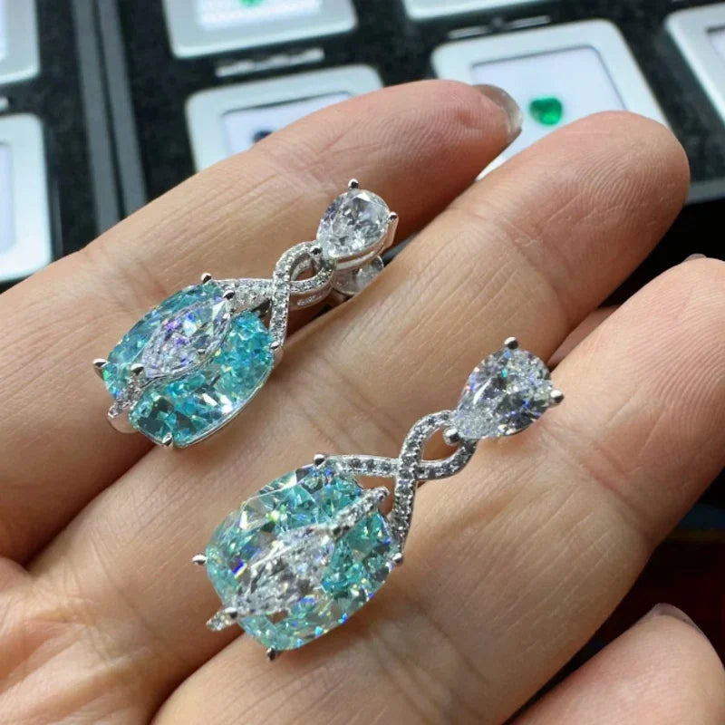 925 Sterling Silver Gold Plated Synthetic Gemstone Light Blue Paraiba Shiny Earrings for Ladies