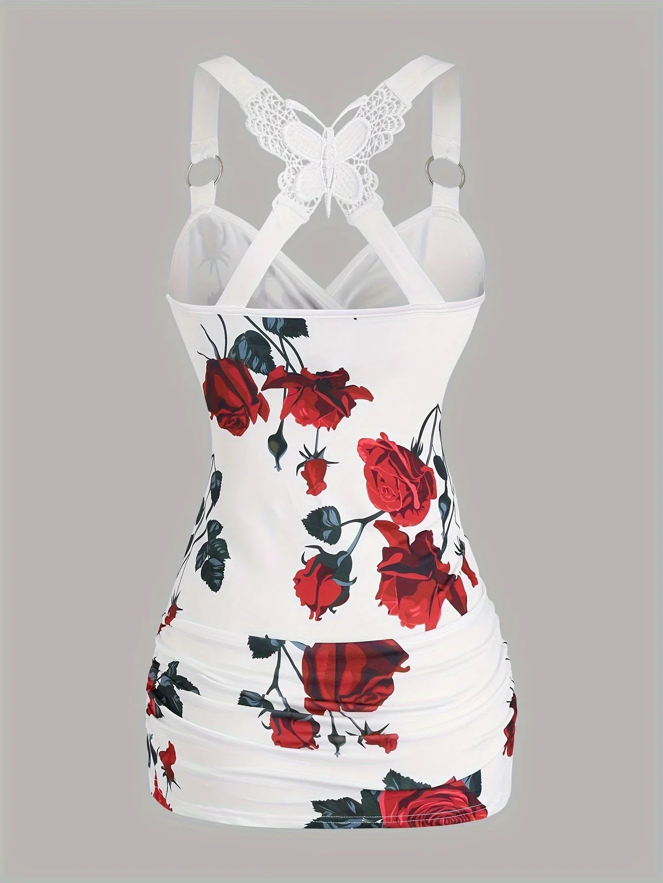 2024 spring and summer Europe and the United States new women's rose print pleated suspenders butterfly lace cross vest.