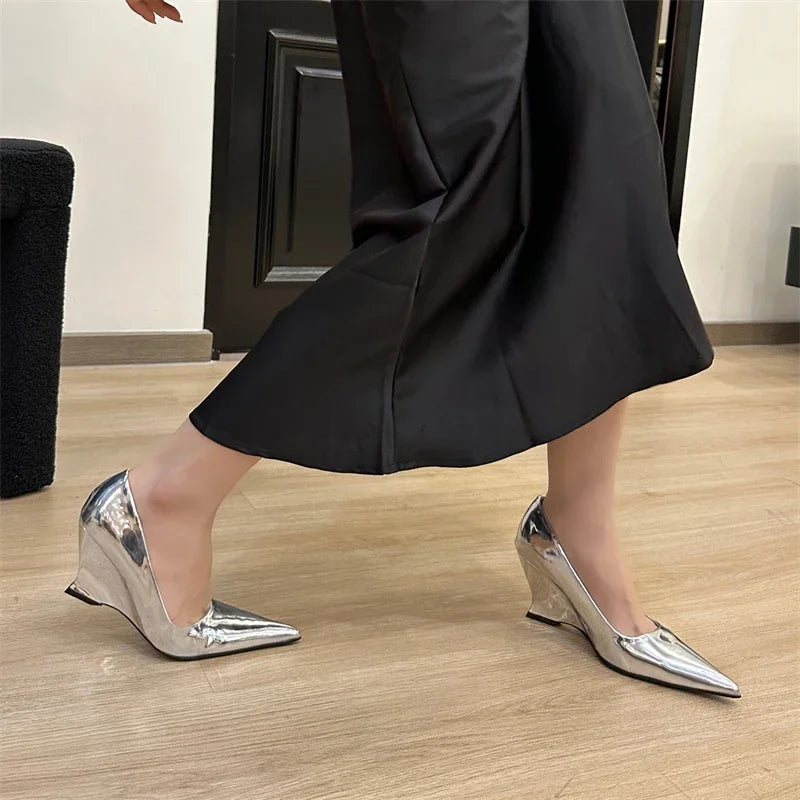 New Design Pointed Toe Wedges High Heels Women Pumps Silver Red Shoes Sexy Wedding Banquet Zapatos Mujer