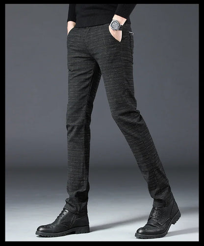 Spring Autumn New Men's Plaid Pants Black Blue Business Casual Formal Fashion Korean Classic Male Clothes Straight Trousers