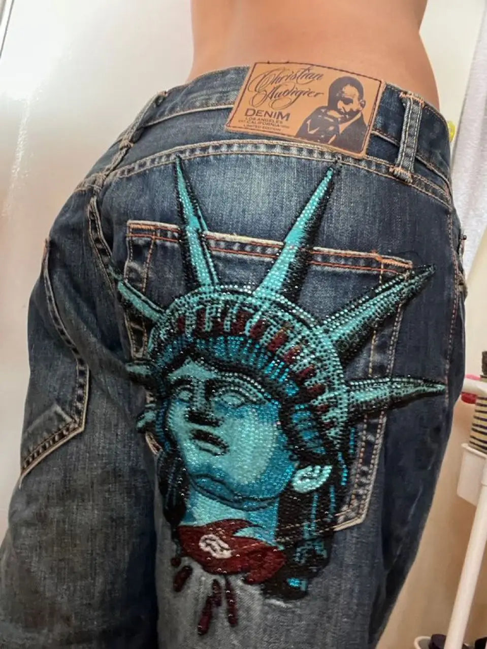Harajuku Y2k 2000s Women Clothing Vintage Statue of liberty Diamonds Jeans Casual Denim Pants High Waist Straight Wide Leg Jeans