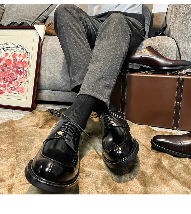 Genuine Leather Classic Black Lace Up Pointed Toe Wedding Formal Elegant Derby Shoes For Men With Free Shipping