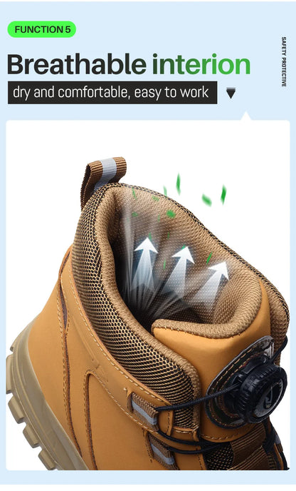 Leather Non Slip Work Boots for Men Rotating Button Safety Shoes Steel Toe Sneaker Male Puncture Proof Protective Boots