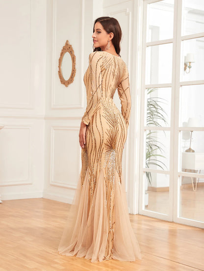 Elegant Long Sleeves Sequin Tulle Evening Dresses 2025 Women Luxury Mermaid Formal Bridesmaid Party Maxi Prom Dress