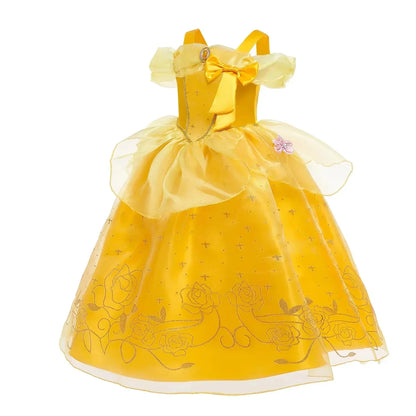 Disney Aniversário Festa Bela Fantasia Infantil Amarelo Malha Vestido de Baile Criança Cosplay Vestido de Festa Luxo para Menina Princesa Bela Noite