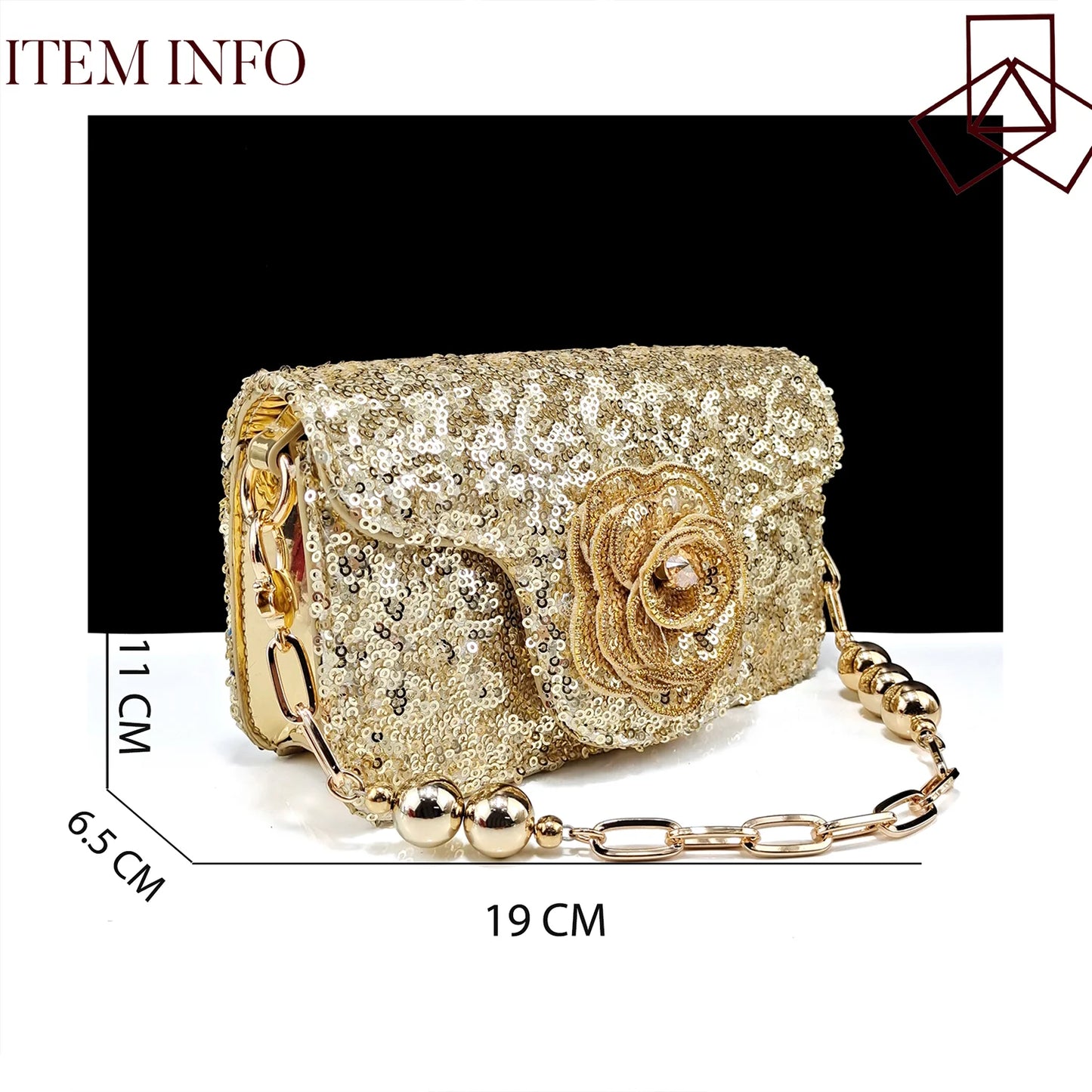 Gold Color Shoes and Bag Elegant Handbags and Medium Heel Shoes Beautiful Handmade Flowers For Wedding Party