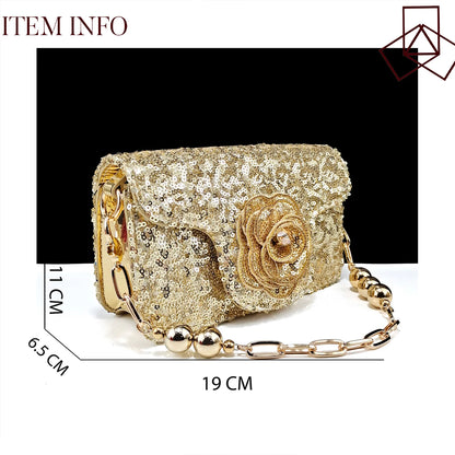 Gold Color Shoes and Bag Elegant Handbags and Medium Heel Shoes Beautiful Handmade Flowers For Wedding Party