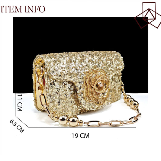Gold Color Shoes and Bag Elegant Handbags and Medium Heel Shoes Beautiful Handmade Flowers For Wedding Party