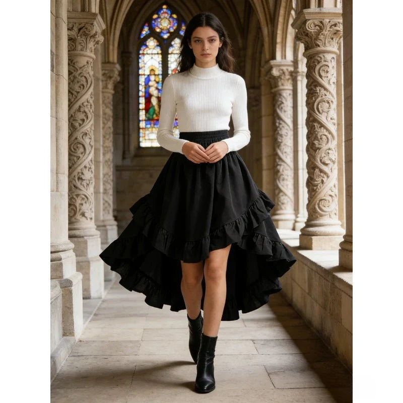 1pcs Women Fashion Versatile Elastic Waist Asymmetrical Ruffle Skirt Black Irregular Hem Flared Half Skirt