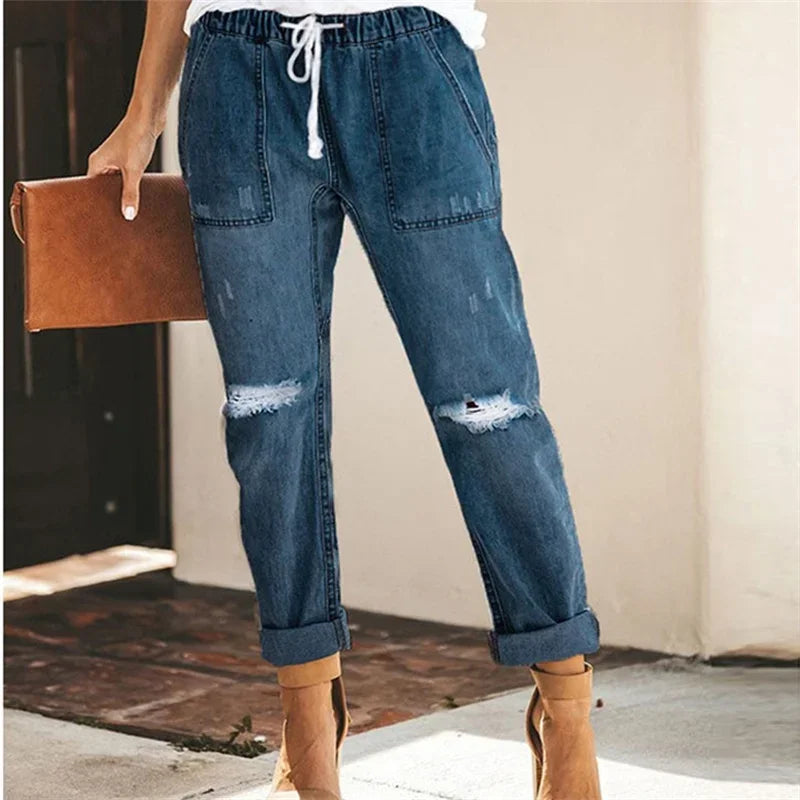 Women's Elasticated Waist Drawstring Tie Straight Jeans
