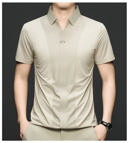 Personality jacquard splicing short sleeve Polo shirt men ice silk breathable high quality fashionable buttonless V-neck T-shirt