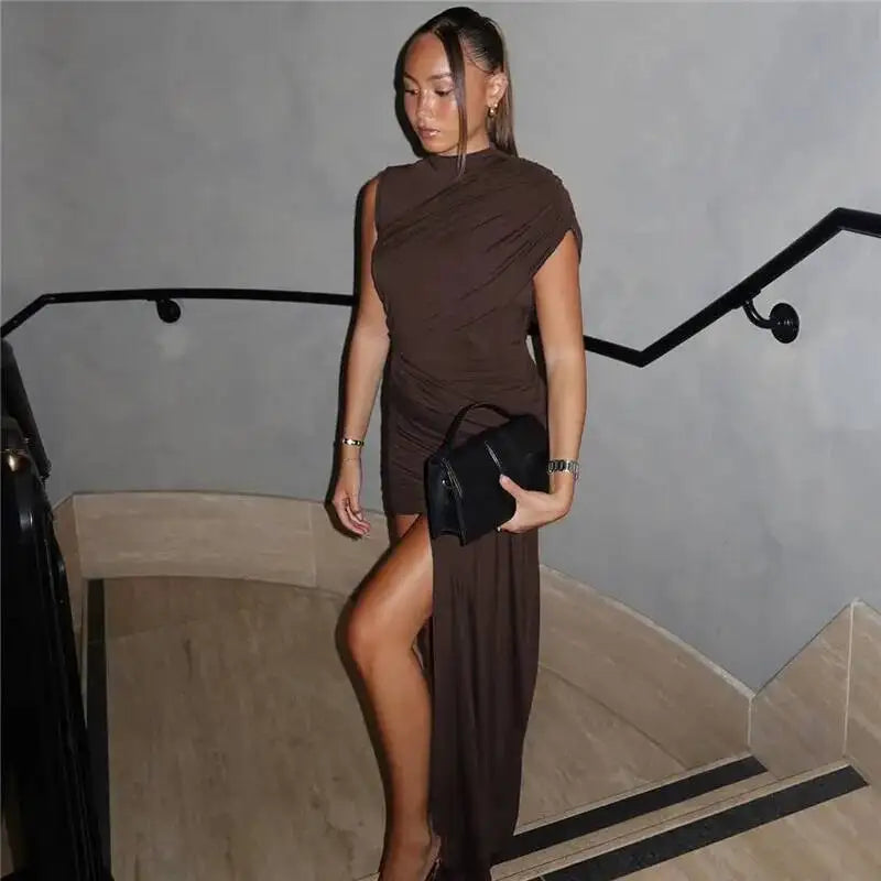 Summer Draped Ruched Sexy Mini Dress Women 2025 New Irregular High Waist Slim Fit Dress Female Elegant Club Tank Dress