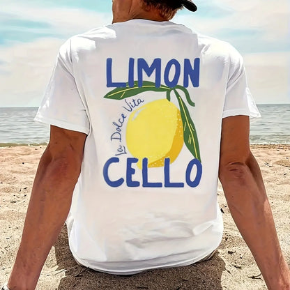 Men's 100% pure cotton fashionable casual loose sports LIMON CELLO pattern printed round neck short sleeved T-shirt top