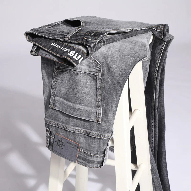 2022 Autumn Spring Fitted Straight Stretch Denim  Classic Style Badge Youth Men's Business Casual Jeans Trousers