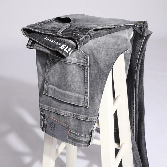 2022 Autumn Spring Fitted Straight Stretch Denim  Classic Style Badge Youth Men's Business Casual Jeans Trousers