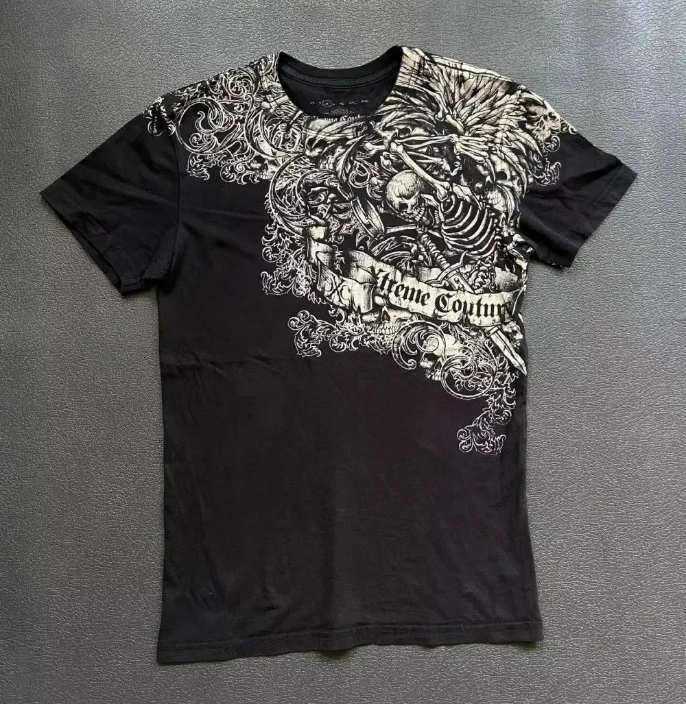 Camiseta masculina europeia e americana com estampa de caveira, confortável e respirável, gola redonda, moda de rua, top para ambientes externos